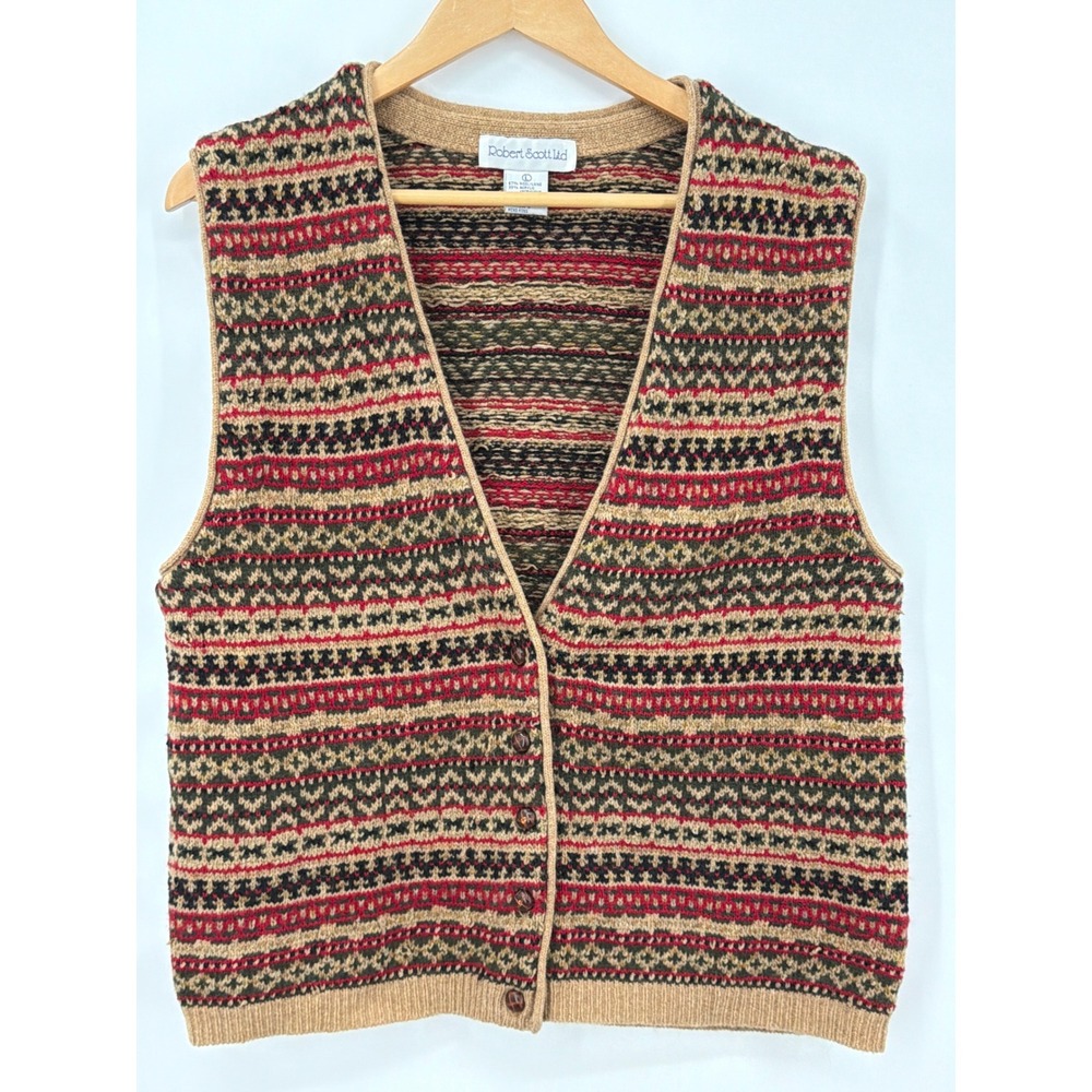 Robert Scott Ltd Vintage Fair Isle Wool Blend Button Front Sweater Vest Large